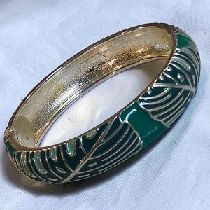 Sequin NY Green Monstera Enamel Hinged Bangle Bracelet Highly Collectible